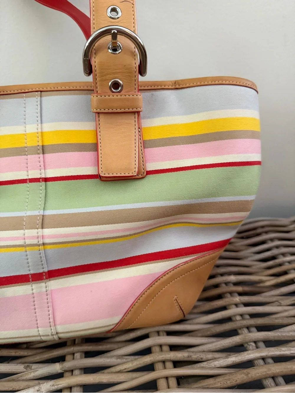 COACH Hampton Daisy Vachetta Leather Twill Multicolor Canvas Small Tote Bag 4435